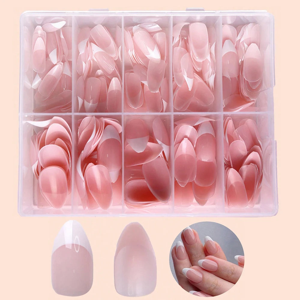 360Pcs/box Glossy Soft Gel Pink French Nail Tips Medium Almond White Simple Press On Nails 10Grids Huge Capacity False Nails*& Good Vibrations