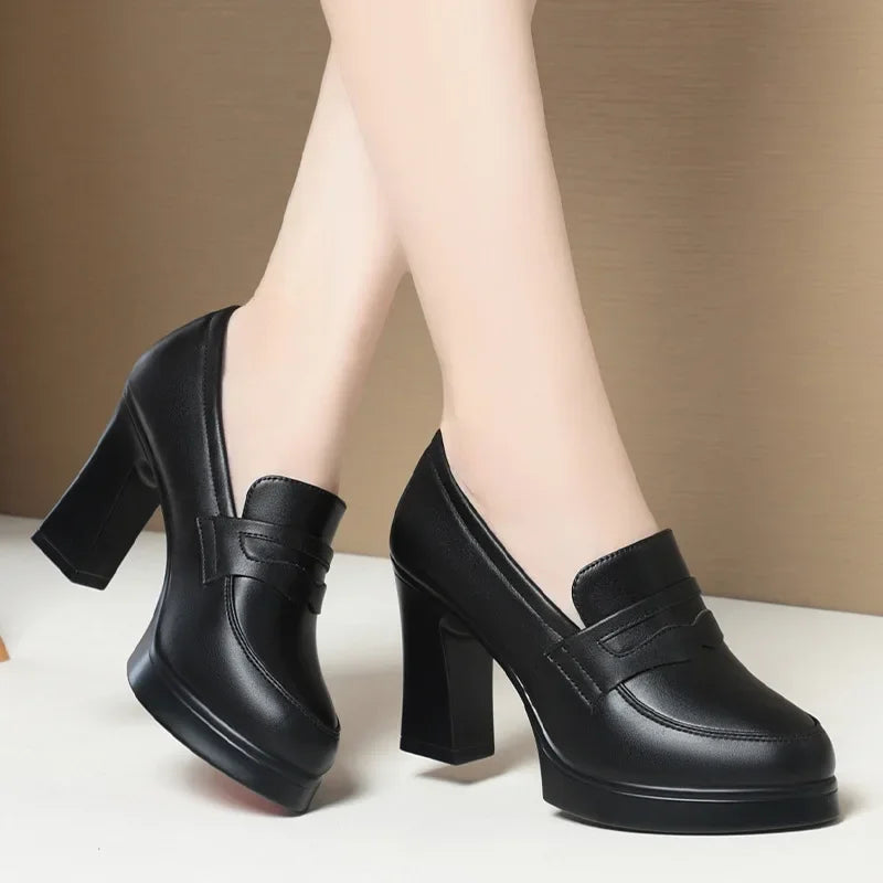 High Heels for Women 2025 Spring Slip on Pointed Toe Platform Heels Chunky Loafers Woman Black PU Leather Uniform College Shoes Good Vibrations