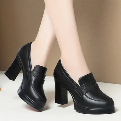 High Heels for Women 2025 Spring Slip on Pointed Toe Platform Heels Chunky Loafers Woman Black PU Leather Uniform College Shoes Good Vibrations