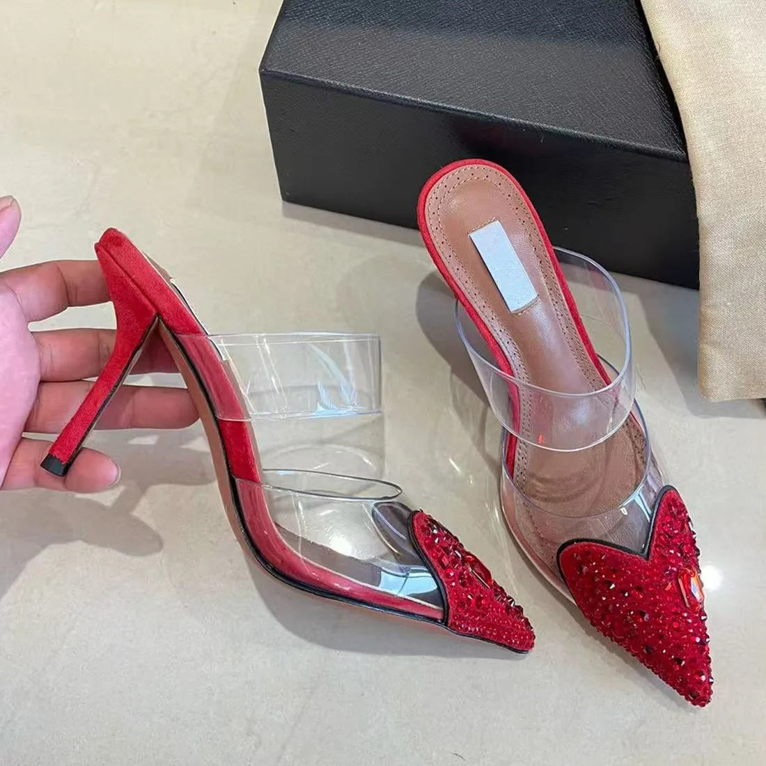 High heeled shoes for women, 2026 new style, half toe slippers for women, pointed thin heels, sexy rhinestones, and air cooling Good Vibrations