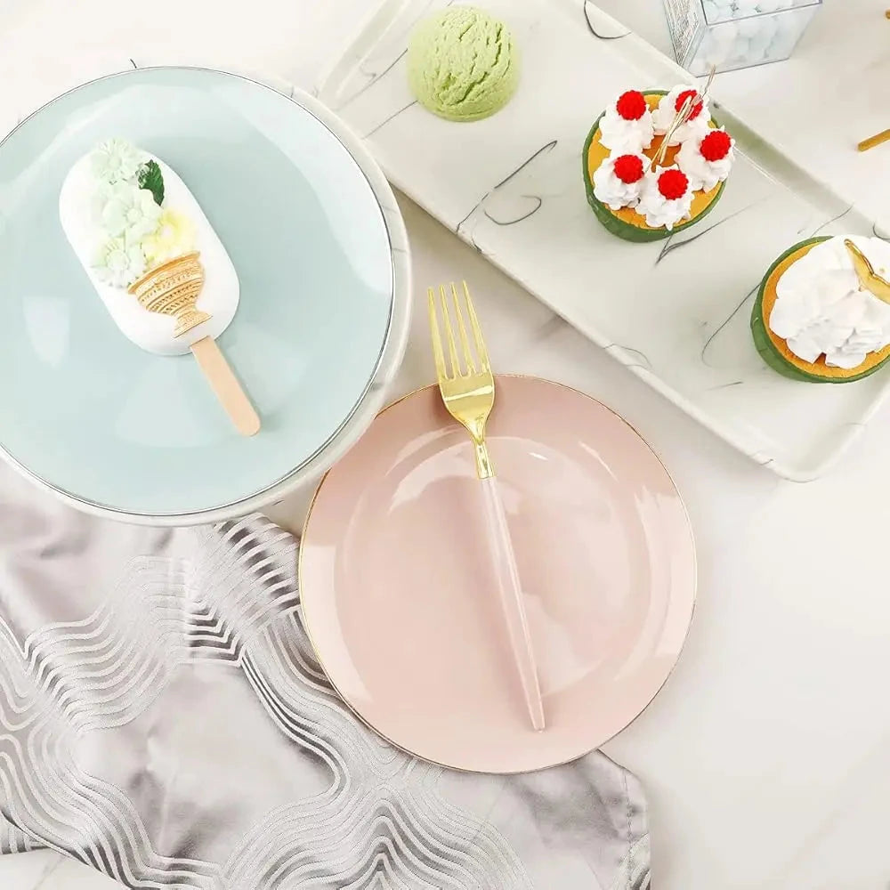 Liyh 96 Pcs Pink And Gold Disposable Plastic Dessert Plates And Forks Set - 7.5"" Plastic Appetizer Plates & 9"" Gold Cake Good Vibrations