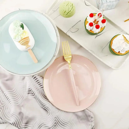 Liyh 96 Pcs Pink And Gold Disposable Plastic Dessert Plates And Forks Set - 7.5"" Plastic Appetizer Plates & 9"" Gold Cake Good Vibrations