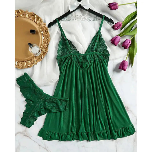 Soft Sheer Nighty Pajamas Hotselling Nightgowns Dark Green Halter Dress Women Sleepwear Sexy Bra Plus Size Nightdress Thong Sets Good Vibrations