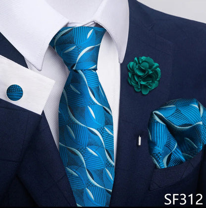 Luxury Mens Ties Floral Black Gold Ties Paisley NeckTie Pocket Square Cufflinks Brooch Set Men's Wedding Party Tie Good Vibrations