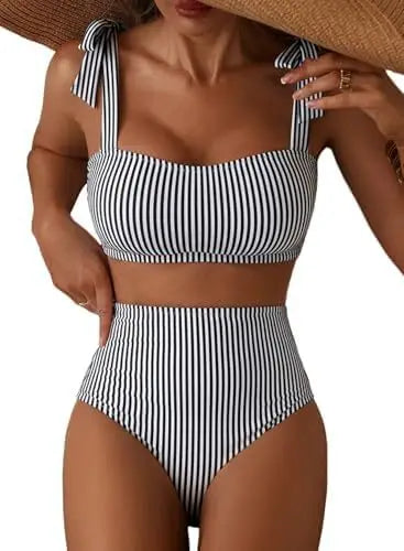 Women Two-piece Halter Vest Swimwear Sexy Striped Ruffle High Waisted Bikinis Set Female Bathing Suit Tie Strap Beachwear Good Vibrations