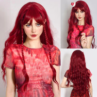 Wine Red Burgundy Synthetic Wigs for Women Long Curly Wave Cosplay Party Red Wigs with Bangs Natural Heat Resistant Daily Wigs Good Vibrations