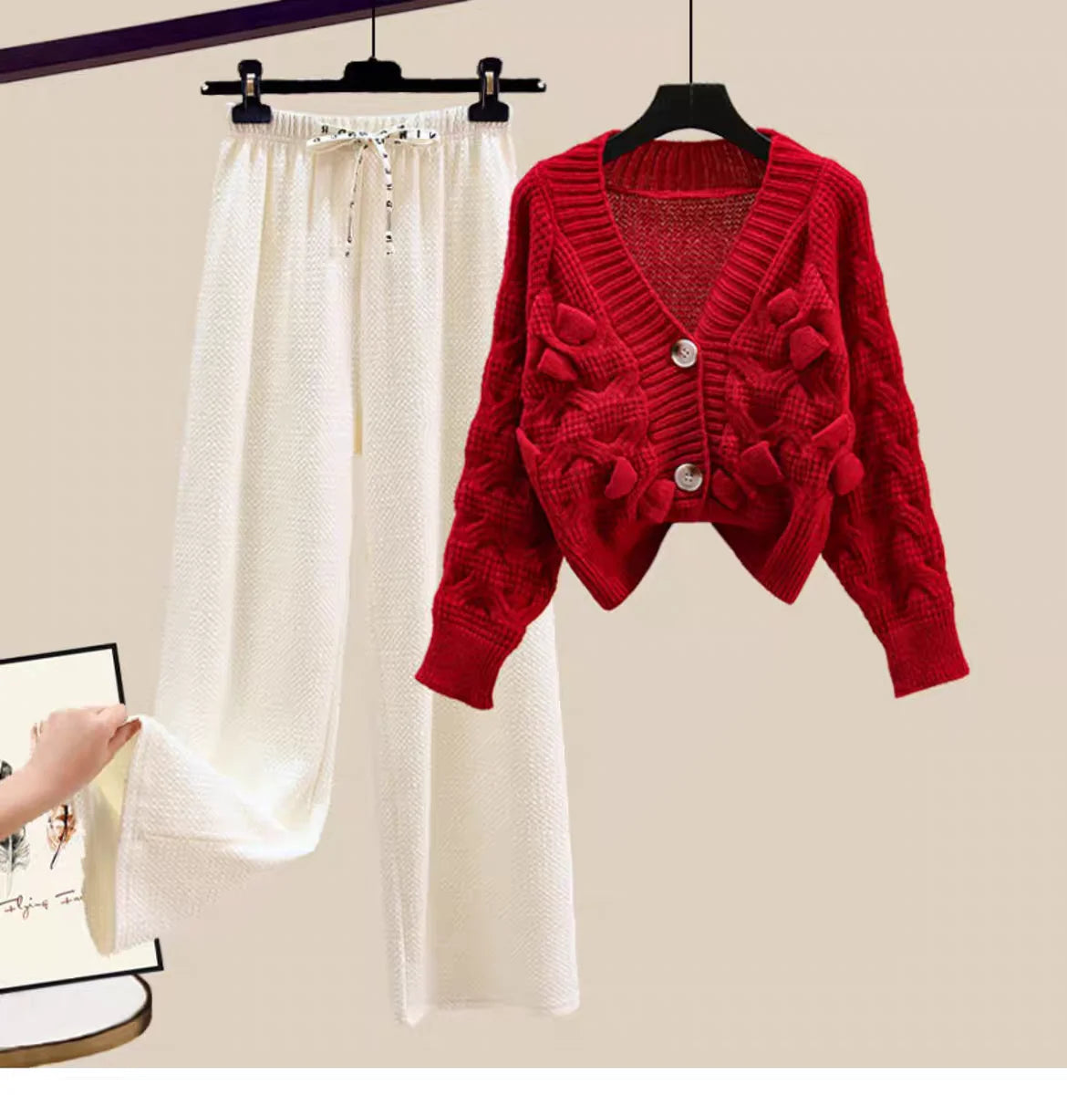 Two Piece Set For Women New In Sweater Matching Sets Korean Sweet Bow Outfit Long Sleeve Cardigan Knitwear Wide Leg Pants Set Good Vibrations