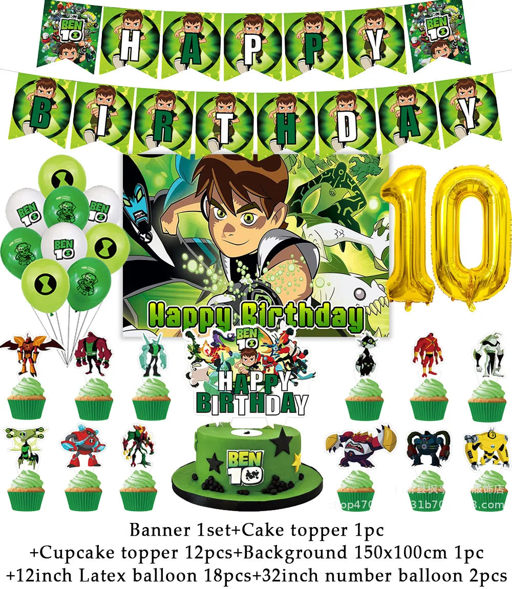Cartoon Ben-10 Birthday Party Decoration Balloons Favor Set Banner Cake Toppers Baby Shower Boys Gift Party Supplies Photo Prop Good Vibrations