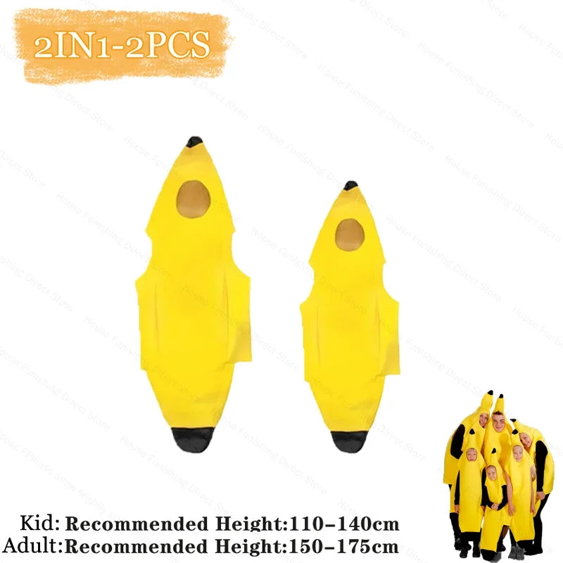 Halloween Banana Costume Funny Couple Outfit for Adults and Kids Fruit Vegetable Cosplay Fancy Dress for Carnival Party Decor Good Vibrations
