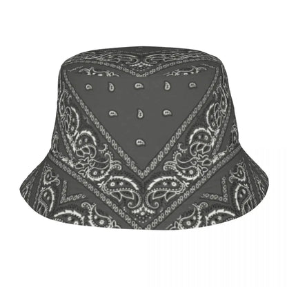 Black Paisley Pattern Bandana Print Bucket Hats Women Men Unisex Trendy Summer Fisherman's Hat Good Vibrations