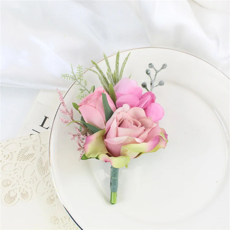 Boutonnieres Flowers Artificial White Roses Silk Ivory Corsage Buttonhole Groomsmen Boutonniere for Men Wedding Accessories Good Vibrations