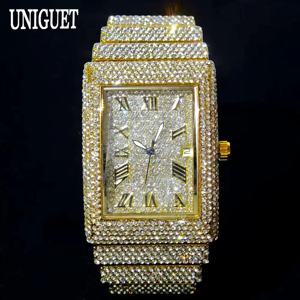 Fashion Rose Watch For Men Luxury Stainless Street Hip Hop Ice Diamond Rectangle Wristwatch Male With Calendar Rlógios Masculino Good Vibrations