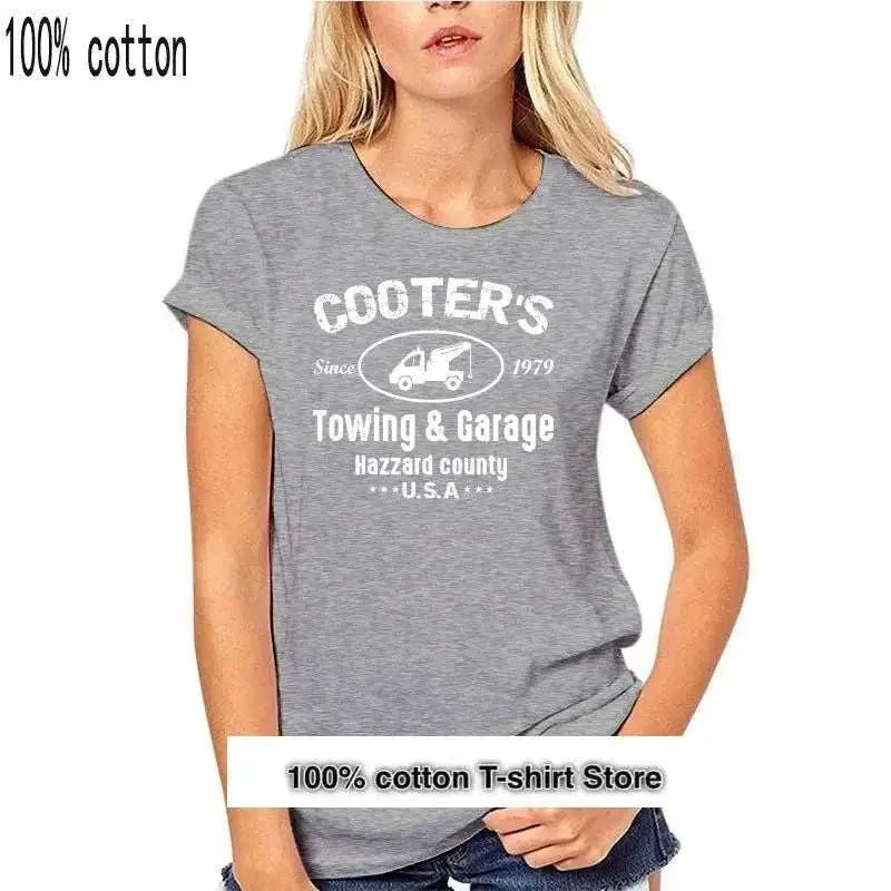 Cooter's Towing & Garage print cotton t-shirt, Dukes of Hazzard theme, casual style.
