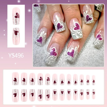 24pcs y2k Black French Press on Nails Short Square Pink Heart Fake Nails Full Cover Wearable Sweet Valentine's Day False Nails Good Vibrations