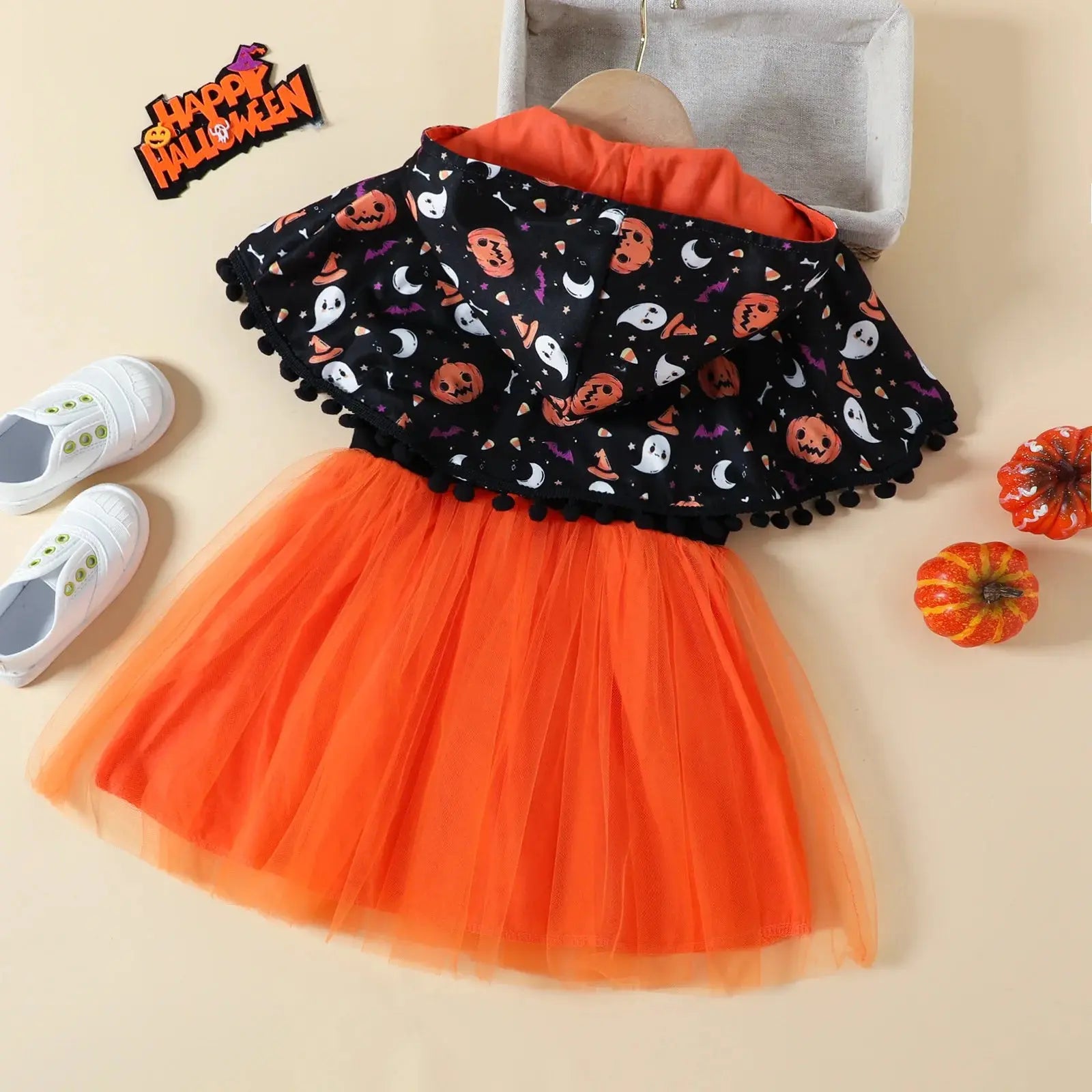 MINISO Pumpkin Ghost Face Halloween Costume Girl Cartoon Cape Mesh Vest Dress Set Autumn Festival Outfit Party Clothes 3-8 Years Good Vibrations