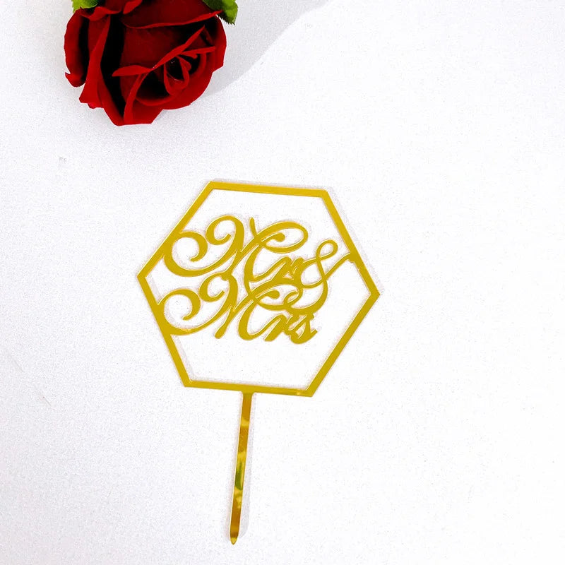 Mrs & Mrs Wedding Party Cake Topper Gold Black Ring Acrylic Wedding Cake Toppers Dessert Decoration Bride Groom Baking Supplies Good Vibrations