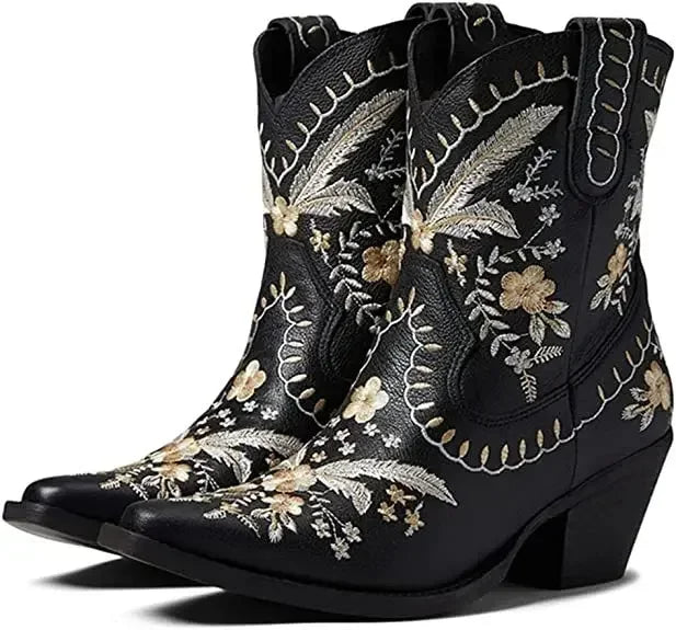 New 2025 Embroidered Western Boots For Women Ankle Bootie Cowboy Cowgirls Flower Print Fashion Chunke Heel Slip On Ankle Boots Good Vibrations