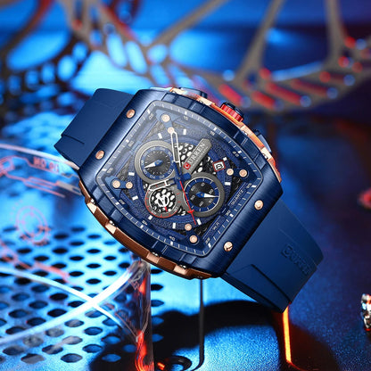 CURREN Sports Unique Rectangular Watches with Large Dial Casual Quartz Silicone Bands Wristwatches with Auto Date Good Vibrations