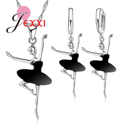 Charming Girl Doll Pendant Necklace Earrings 925 Sterling Silver Black Dress Ballet Fashion Woman Zircon Stone Jewelry Set Good Vibrations