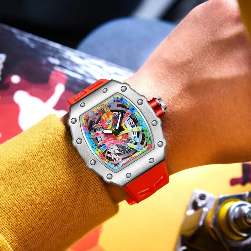 Fashion Mechanical Man Watches Classic Colorful RM Desgin Automatic Visable Wristwatch Causal Men Watch Rubber Strap Belt Good Vibrations