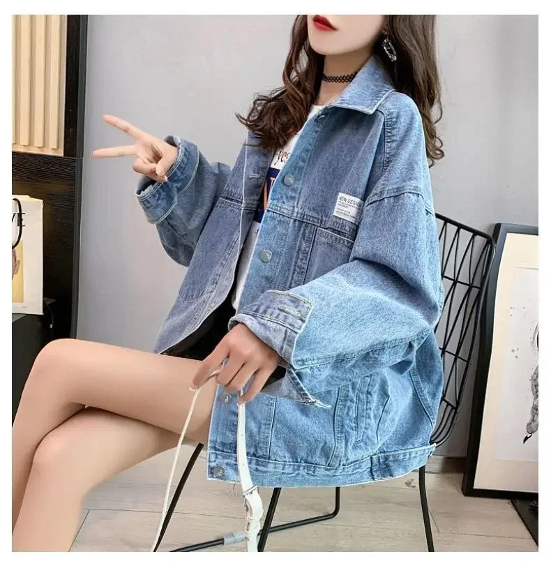 Casual Long Sleeve Denim Shirt Women's Versatile Spring Autumn Wear Multiple Times Outerwear Polyester Fiber Loose Fit Good Vibrations