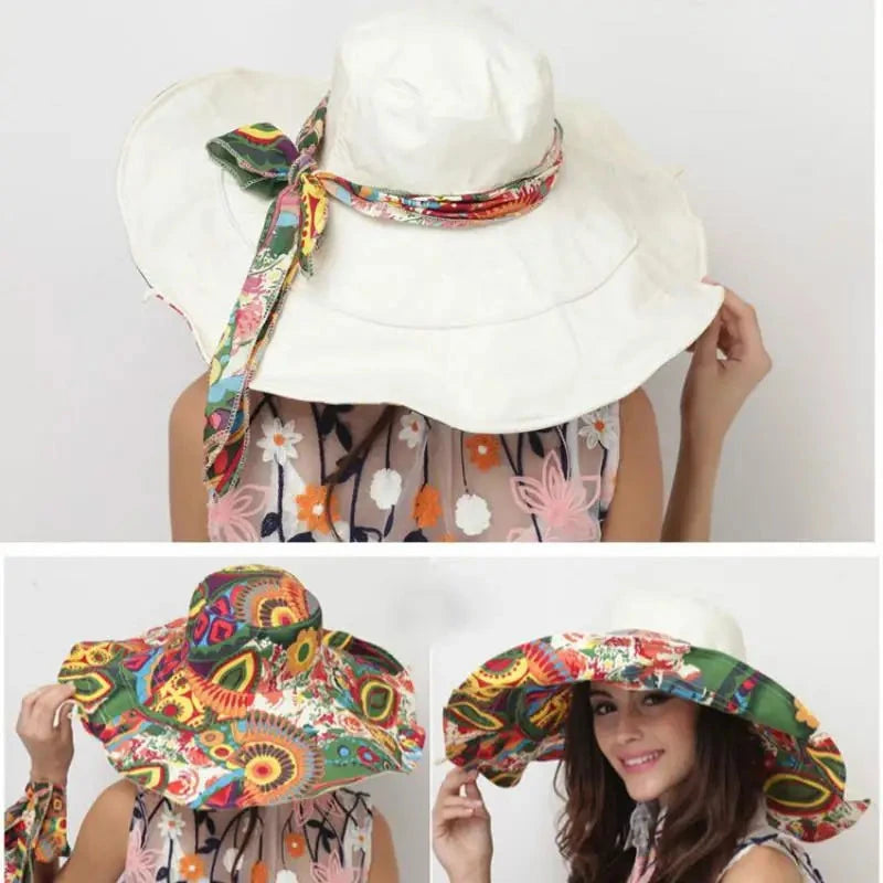 Sun Hats for Women Summer Large Beach Hat Flower Printed Wide Brim Bob Chapeu Panama Feminino Good Vibrations