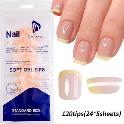 120pcs Pink French Tip Press-On Nails Medium Length Square Shape With Glossy Finish False Nails Full Cover Pre-Shaped Fake Nails Good Vibrations