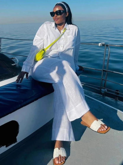 Two Piece Sets Pant Set Women Turn Down Collar White Work Shirt Casual Loose Wide Leg Long Pants High Waist Y2k Streetwear 2025 Good Vibrations