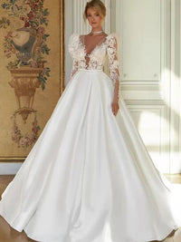 Classic Wedding Dress Satin Surah With Embroidered Lace A-Line Ball Gown O-Neck Puff Sleeves Customized Bride Vestido De Novia Good Vibrations