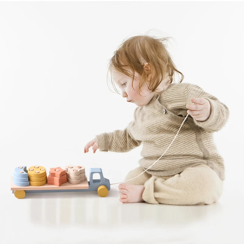 Wooden Baby Toy  Wooden Trailer  Babies Learn Cognitive Toy  Hand And Foot Coordination Toy  Color Recognition Toy  Silicone Toy Good Vibrations