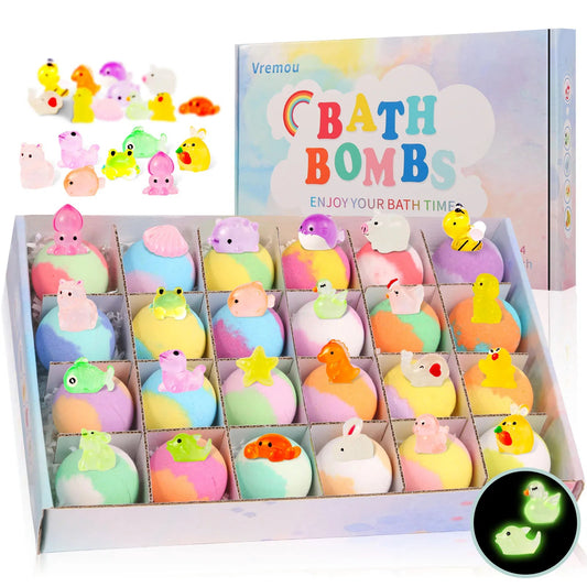 Bath Bombs for Kids with Surprise Inside, 24 Pack Natural Organic Kids Bubble Bath Fizzy for Girls Boys with Bath Toys Inside Good Vibrations