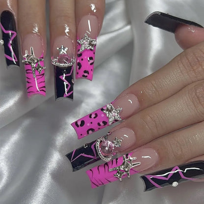 Rose Pink Long Coffin Fake Nails French Style Leopard Star Printed Press on Nails Y2K Girls Charms Manicure Black False Nails Good Vibrations