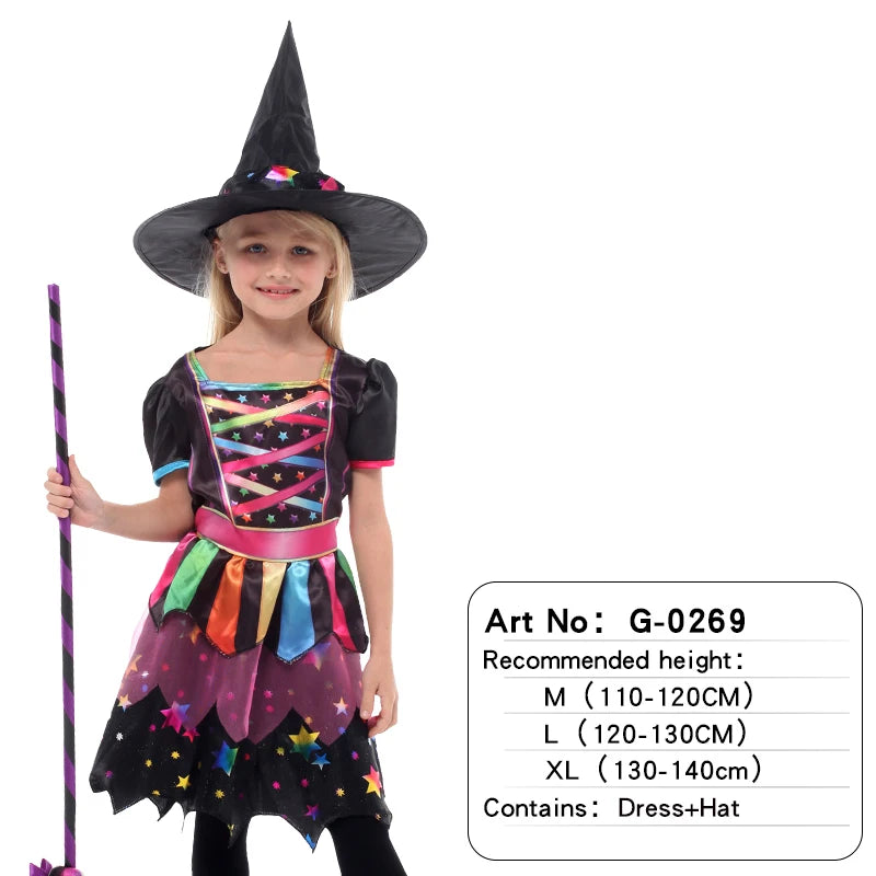 Halloween Children's Witch Dress - Comes with Hat, Halloween Role Playing Costume,Colorful Star Pattern Printed Carnival Costume Good Vibrations
