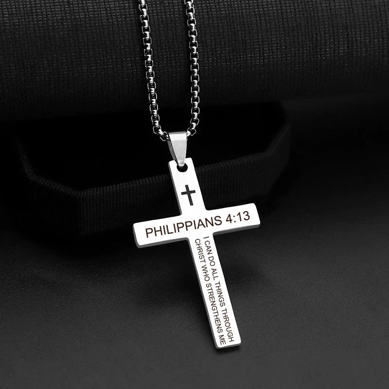 Christian Bible Verse Cross Pendant Necklace Stainless Steel Religious Scripture Prayer Jewelry Gifts Good Vibrations
