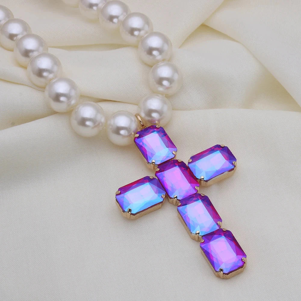 Fashionable and exaggerated large glass cross necklace pendant, luxurious Christmas gift jewelry Good Vibrations