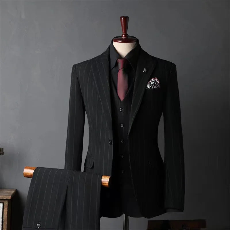 Striped suit set for men, groom's suit, British style groomsman's suit, business formal attire, wedding suit, men's suit
