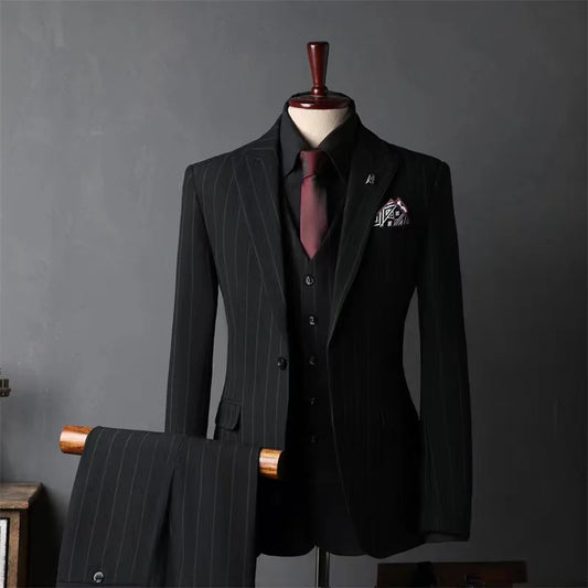 Striped suit set for men, groom's suit, British style groomsman's suit, business formal attire, wedding suit, men's suit