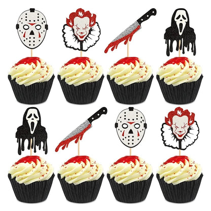 Cake Topper Blood Knife Mask Ghost Face DIY Halloween Cupcake Toppers Ghost Cake Flags Kids Birthday Killer Party Baking Decor Good Vibrations