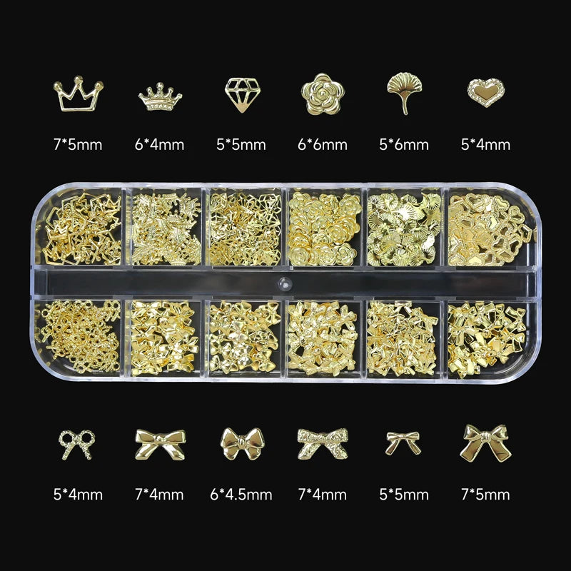 12Grid 3D Gold Ocean Rivet Nail Charms Mixed Seahorsea/Starfish /Conch Pearl/Mini Caviar Beads/Rhinestone Nail Jewery Decoration Good Vibrations
