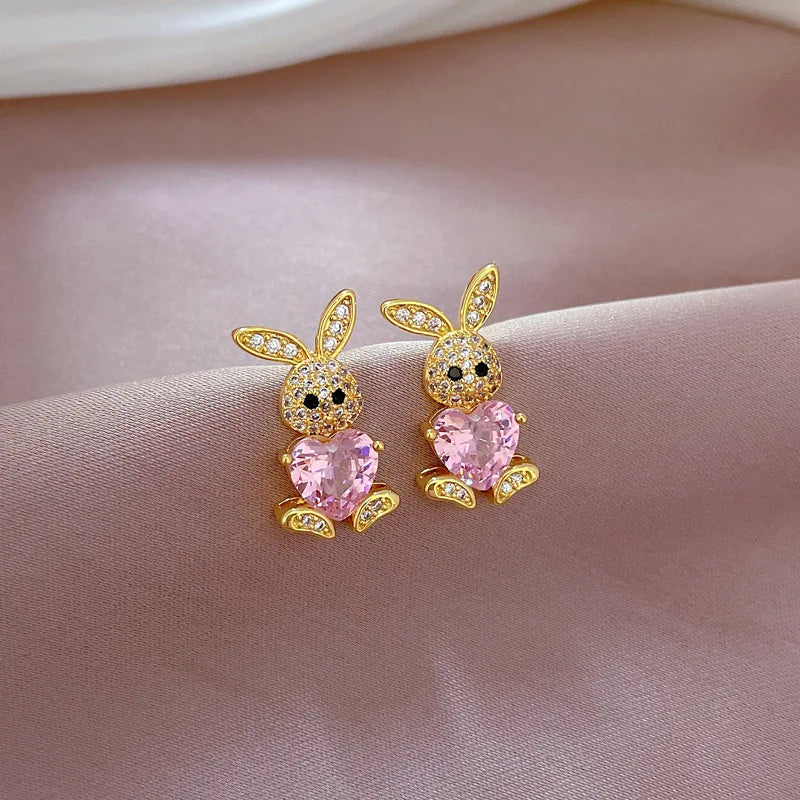 Stainless Steel Jewelry Sets for Woman Girls Shining Austrian Crystal Cute Rabbit Pendant Necklace Huggie Earrings Birthday Gift Good Vibrations Adult Super Store