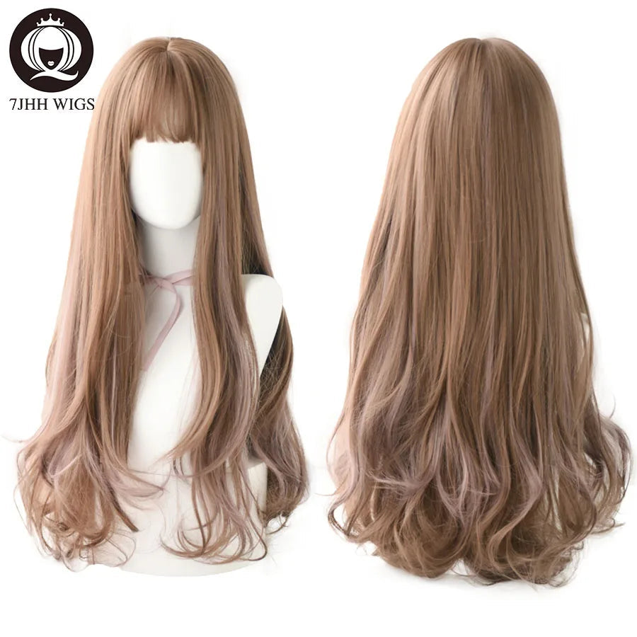 7JHHWIGS Long Wavy Synthetic Black Wigs For Women With Fringe Fashion Heat Resistant Mid-Length Daily Straight Light Brown Hair Good Vibrations