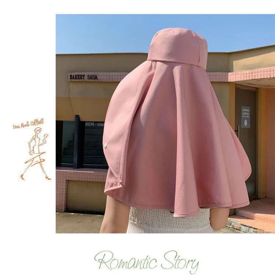 Summer Hats for Women Outdoor UV Anti Neck Protection Sun Visors for Lady Fishing Hiking Wide Brim Shawl Sunscreen Ponytail Cap Good Vibrations