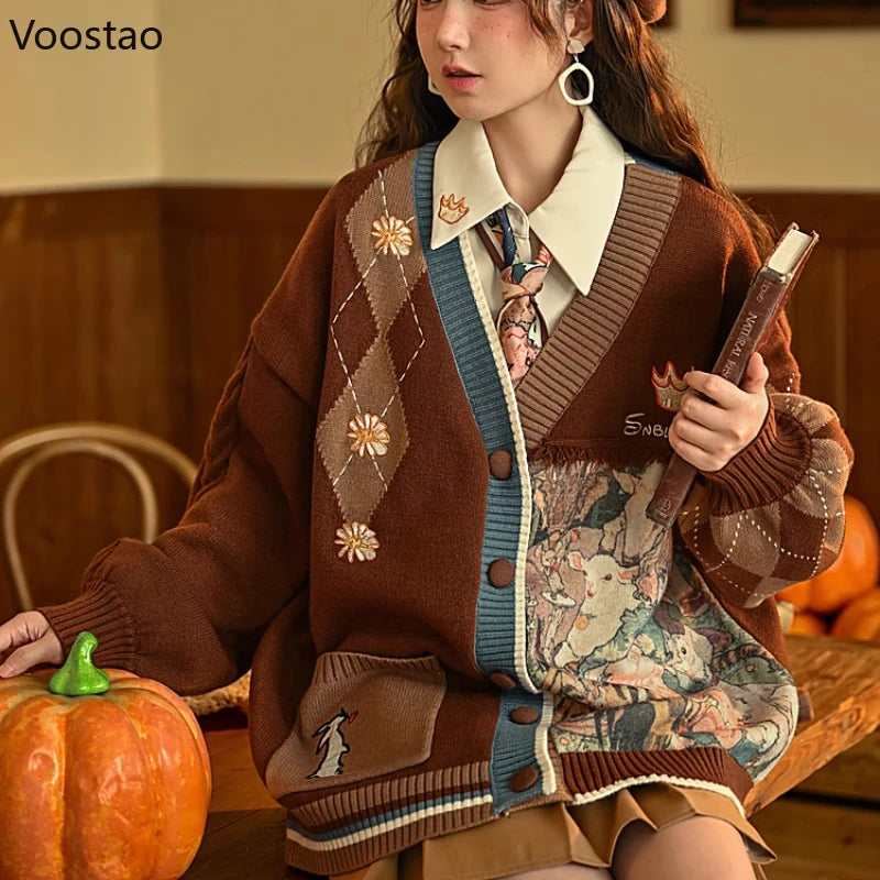 Kawaii Cartoon Embroidery Cardigan Women Vintage Jk Uniform Sweater Coat Autumn Girls Loose Y2k Knitted Tops Sueters De Mujer Good Vibrations