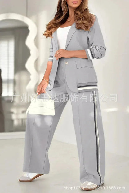 Women Suit Jacket 2 Piece Sets Striped Blazer Coat Turn Down Collar Single Breasted Wide Leg Pants Ensemble Office Lady Outfits Good Vibrations