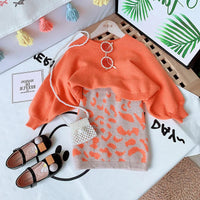 Girls Sweater Sets 2024 Autumn and Winter Knit Set Girls Orange Knit Top+Geometric Printed Skirt Two Piece Set 2-8T Kids Good Vibrations