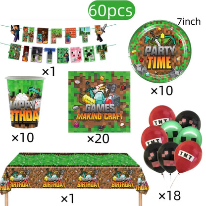 Mineres Craftings Party Decorations World Game Tableware Cup Plate Balloon Tablecloth Boys Birthday Party Supplies Kids Gift Good Vibrations