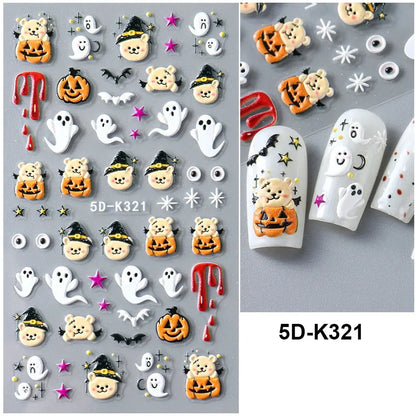 5D Halloween Nail Stickers White Bones Design Spooky Ghost Pumpkin Sliders for Nails Glitter Heart Spider Web Manicure Decals Good Vibrations
