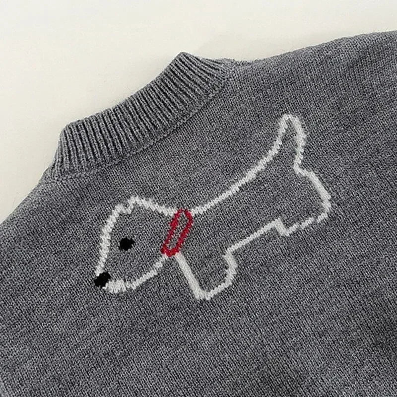 Children's Round Neck Sweaters Autumn New Dog Pattern Baby Clothings Japanese and Korean Grey Knitted Sweaters Cute Top Cardigan Good Vibrations