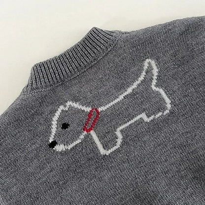 Children's Round Neck Sweaters Autumn New Dog Pattern Baby Clothings Japanese and Korean Grey Knitted Sweaters Cute Top Cardigan Good Vibrations