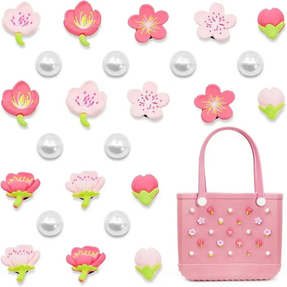 24Pcs Flowers and Pearls Charms for Bogg Bag Compatible with Women Rubber Beach Bag Tote Handbag Decoration Good Vibrations